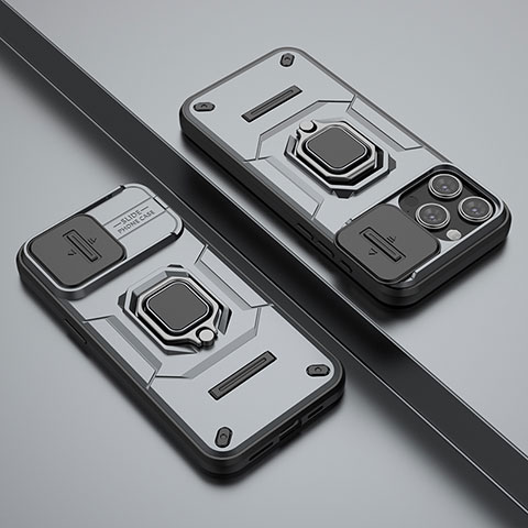 Funda Bumper Silicona y Plastico Mate Carcasa con Magnetico Anillo de dedo Soporte KC4 para Apple iPhone 13 Pro Max Gris