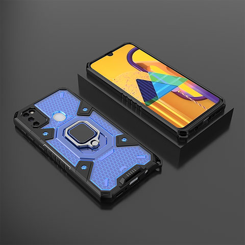 Funda Bumper Silicona y Plastico Mate Carcasa con Magnetico Anillo de dedo Soporte KC4 para Samsung Galaxy M21 Azul