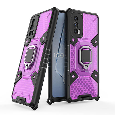 Funda Bumper Silicona y Plastico Mate Carcasa con Magnetico Anillo de dedo Soporte KC4 para Vivo iQOO 7 India 5G Morado