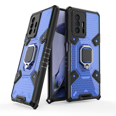 Funda Bumper Silicona y Plastico Mate Carcasa con Magnetico Anillo de dedo Soporte KC4 para Xiaomi Mi 11T Pro 5G Azul