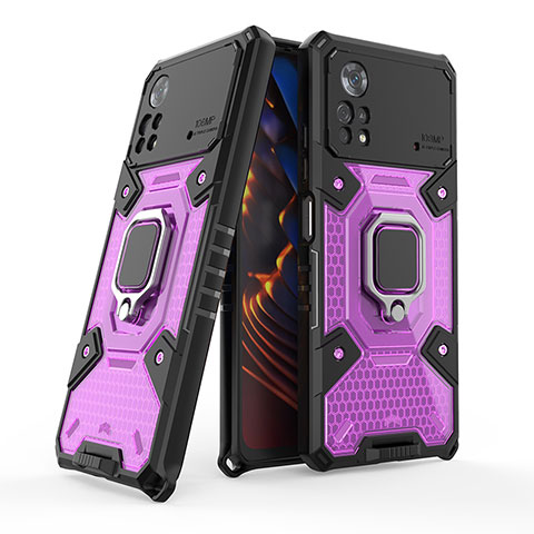 Funda Bumper Silicona y Plastico Mate Carcasa con Magnetico Anillo de dedo Soporte KC4 para Xiaomi Poco X4 Pro 5G Morado