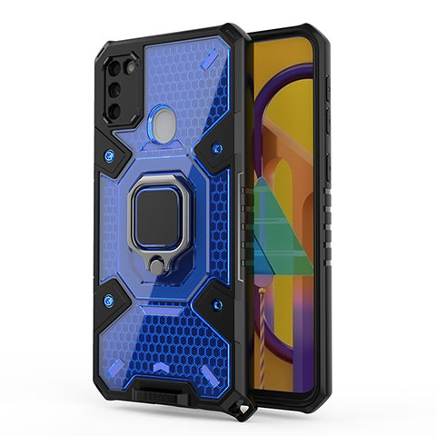 Funda Bumper Silicona y Plastico Mate Carcasa con Magnetico Anillo de dedo Soporte KC5 para Samsung Galaxy M21 Azul