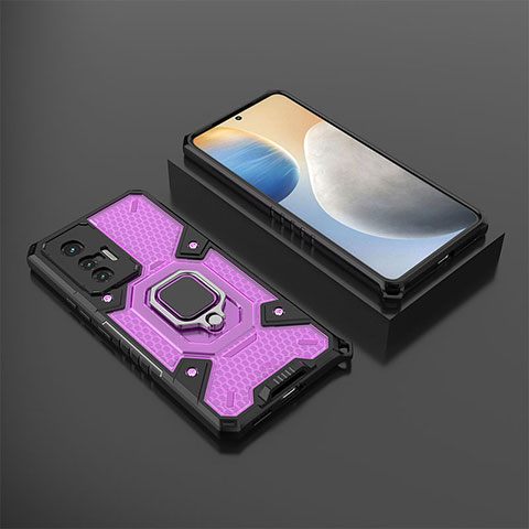 Funda Bumper Silicona y Plastico Mate Carcasa con Magnetico Anillo de dedo Soporte KC5 para Vivo X70t Morado