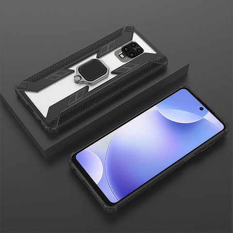 Funda Bumper Silicona y Plastico Mate Carcasa con Magnetico Anillo de dedo Soporte KC6 para Xiaomi Redmi Note 9 Pro Max Negro