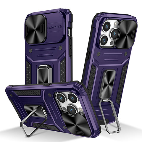 Funda Bumper Silicona y Plastico Mate Carcasa con Magnetico Anillo de dedo Soporte KC7 para Apple iPhone 13 Pro Max Morado