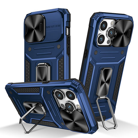 Funda Bumper Silicona y Plastico Mate Carcasa con Magnetico Anillo de dedo Soporte KC7 para Apple iPhone 14 Pro Azul