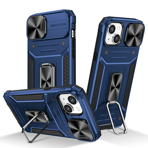 Funda Bumper Silicona y Plastico Mate Carcasa con Magnetico Anillo de dedo Soporte KC7 para Apple iPhone 15 Plus Azul