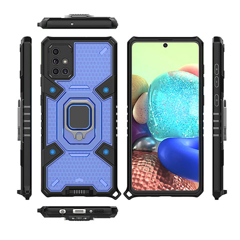 Funda Bumper Silicona y Plastico Mate Carcasa con Magnetico Anillo de dedo Soporte KC7 para Samsung Galaxy A71 4G A715 Azul