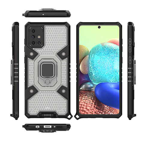 Funda Bumper Silicona y Plastico Mate Carcasa con Magnetico Anillo de dedo Soporte KC7 para Samsung Galaxy A71 5G Negro