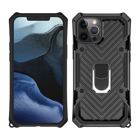 Funda Bumper Silicona y Plastico Mate Carcasa con Magnetico Anillo de dedo Soporte M01 para Apple iPhone 12 Pro Max Negro