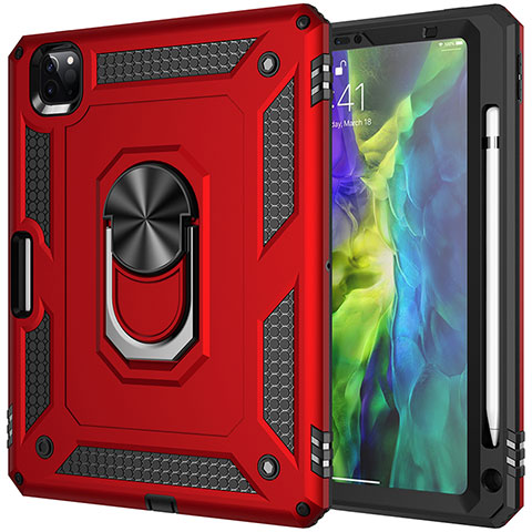 Funda Bumper Silicona y Plastico Mate Carcasa con Magnetico Anillo de dedo Soporte MQ1 para Apple iPad Pro 11 (2020) Rojo