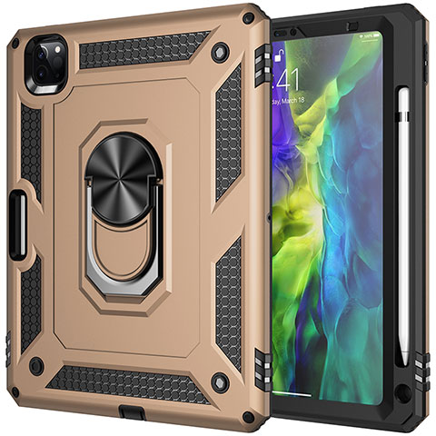 Funda Bumper Silicona y Plastico Mate Carcasa con Magnetico Anillo de dedo Soporte MQ1 para Apple iPad Pro 11 (2021) Oro