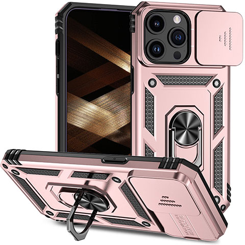 Funda Bumper Silicona y Plastico Mate Carcasa con Magnetico Anillo de dedo Soporte MQ1 para Apple iPhone 15 Pro Max Oro Rosa