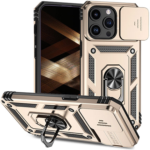 Funda Bumper Silicona y Plastico Mate Carcasa con Magnetico Anillo de dedo Soporte MQ1 para Apple iPhone 16 Pro Oro