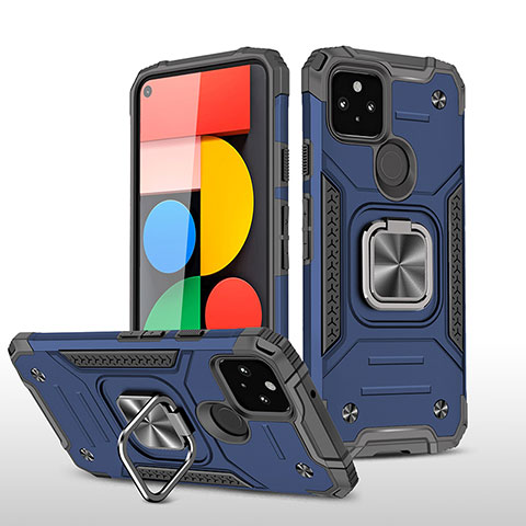 Funda Bumper Silicona y Plastico Mate Carcasa con Magnetico Anillo de dedo Soporte MQ1 para Google Pixel 5 Azul