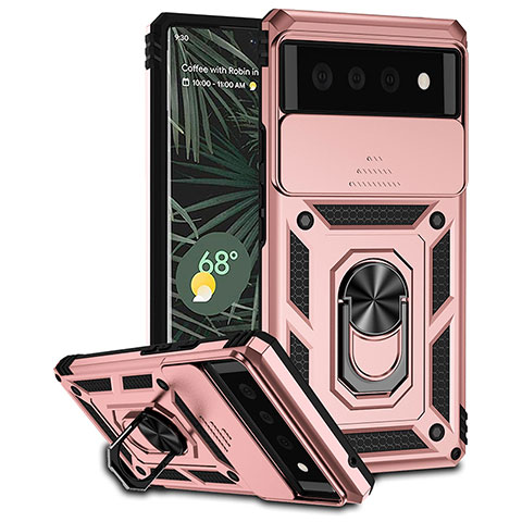 Funda Bumper Silicona y Plastico Mate Carcasa con Magnetico Anillo de dedo Soporte MQ1 para Google Pixel 6 5G Oro Rosa