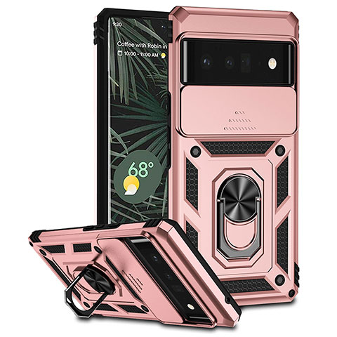 Funda Bumper Silicona y Plastico Mate Carcasa con Magnetico Anillo de dedo Soporte MQ1 para Google Pixel 6 Pro 5G Oro Rosa