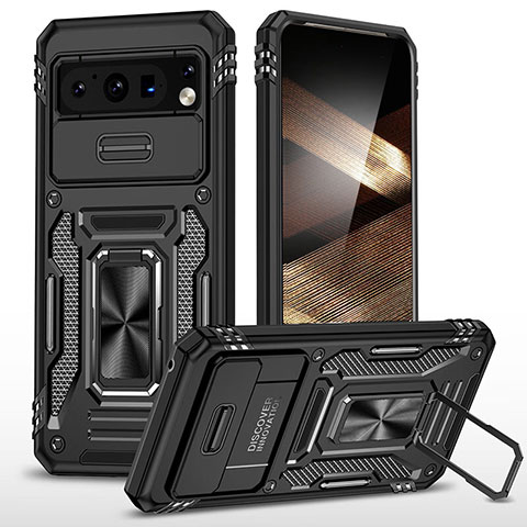 Funda Bumper Silicona y Plastico Mate Carcasa con Magnetico Anillo de dedo Soporte MQ1 para Google Pixel 8 Pro 5G Negro