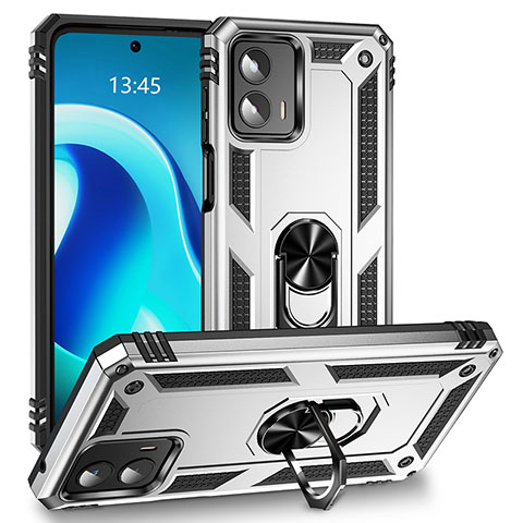 Funda Bumper Silicona y Plastico Mate Carcasa con Magnetico Anillo de dedo Soporte MQ1 para Motorola Moto G 5G (2023) Plata