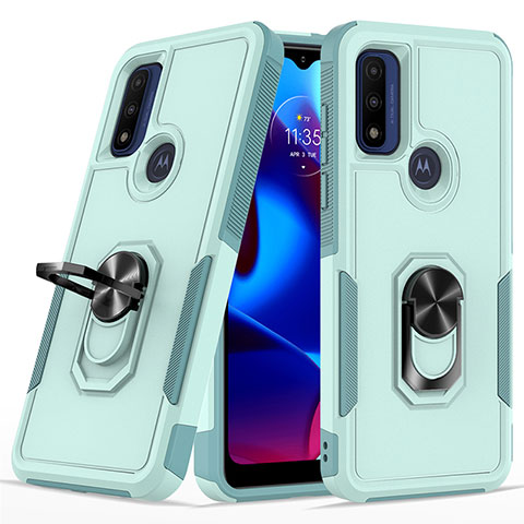 Funda Bumper Silicona y Plastico Mate Carcasa con Magnetico Anillo de dedo Soporte MQ1 para Motorola Moto G Power (2022) Cian