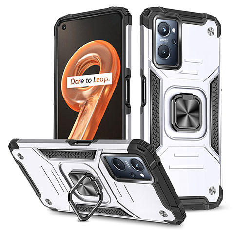 Funda Bumper Silicona y Plastico Mate Carcasa con Magnetico Anillo de dedo Soporte MQ1 para Realme 9i 4G Plata