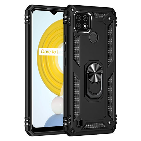 Funda Bumper Silicona y Plastico Mate Carcasa con Magnetico Anillo de dedo Soporte MQ1 para Realme C21 Negro