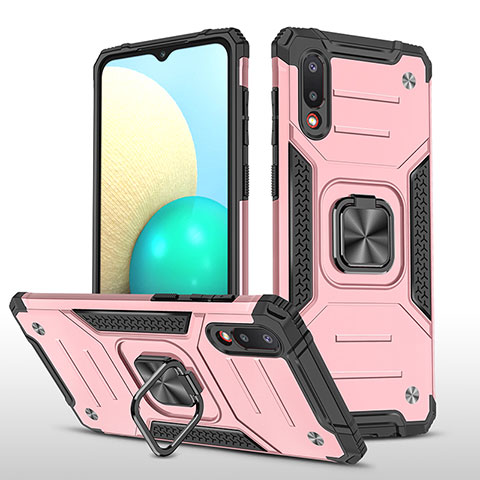 Funda Bumper Silicona y Plastico Mate Carcasa con Magnetico Anillo de dedo Soporte MQ1 para Samsung Galaxy A02 Oro Rosa