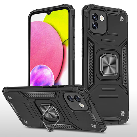 Funda Bumper Silicona y Plastico Mate Carcasa con Magnetico Anillo de dedo Soporte MQ1 para Samsung Galaxy A03 Negro