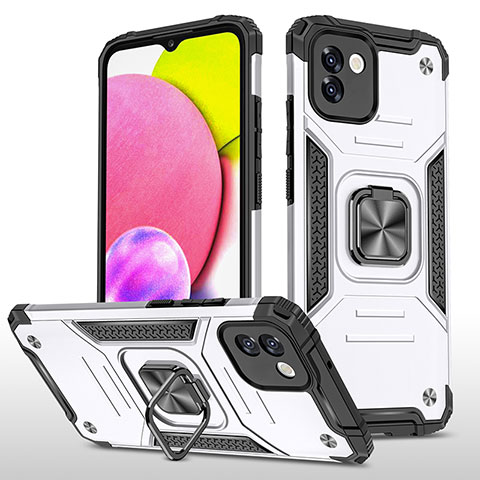 Funda Bumper Silicona y Plastico Mate Carcasa con Magnetico Anillo de dedo Soporte MQ1 para Samsung Galaxy A03 Plata