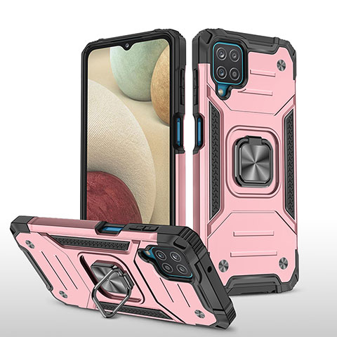 Funda Bumper Silicona y Plastico Mate Carcasa con Magnetico Anillo de dedo Soporte MQ1 para Samsung Galaxy A12 5G Oro Rosa