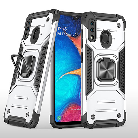 Funda Bumper Silicona y Plastico Mate Carcasa con Magnetico Anillo de dedo Soporte MQ1 para Samsung Galaxy A20 Plata