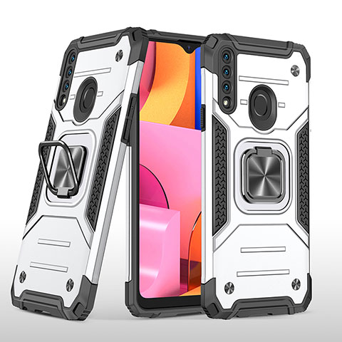 Funda Bumper Silicona y Plastico Mate Carcasa con Magnetico Anillo de dedo Soporte MQ1 para Samsung Galaxy A20s Plata