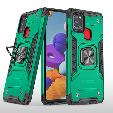 Funda Bumper Silicona y Plastico Mate Carcasa con Magnetico Anillo de dedo Soporte MQ1 para Samsung Galaxy A21s Verde Noche