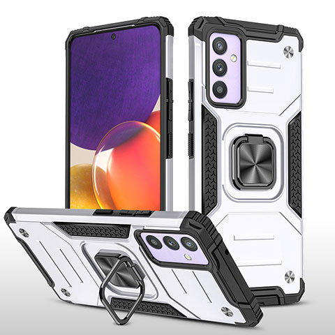 Funda Bumper Silicona y Plastico Mate Carcasa con Magnetico Anillo de dedo Soporte MQ1 para Samsung Galaxy A24 4G Plata