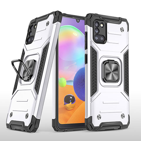 Funda Bumper Silicona y Plastico Mate Carcasa con Magnetico Anillo de dedo Soporte MQ1 para Samsung Galaxy A31 Plata