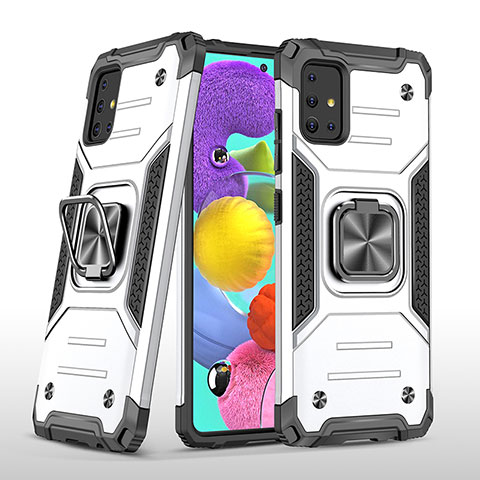 Funda Bumper Silicona y Plastico Mate Carcasa con Magnetico Anillo de dedo Soporte MQ1 para Samsung Galaxy A51 4G Plata