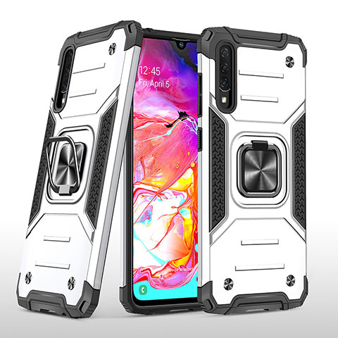 Funda Bumper Silicona y Plastico Mate Carcasa con Magnetico Anillo de dedo Soporte MQ1 para Samsung Galaxy A70 Plata