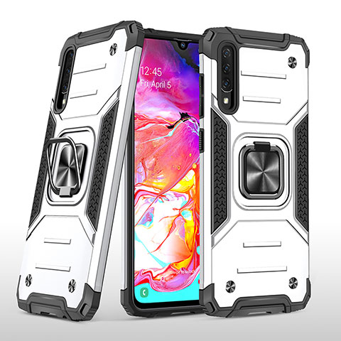 Funda Bumper Silicona y Plastico Mate Carcasa con Magnetico Anillo de dedo Soporte MQ1 para Samsung Galaxy A70S Plata