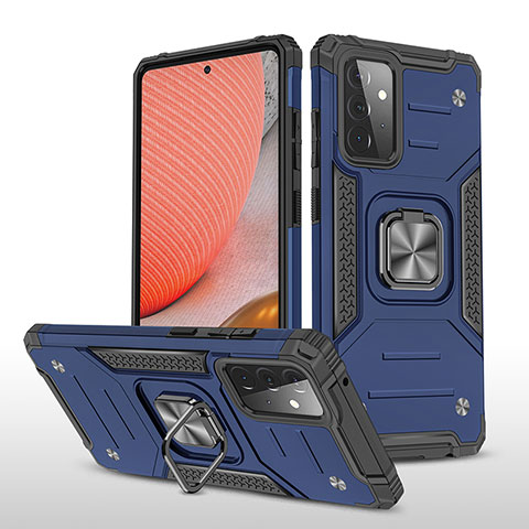 Funda Bumper Silicona y Plastico Mate Carcasa con Magnetico Anillo de dedo Soporte MQ1 para Samsung Galaxy A72 5G Azul