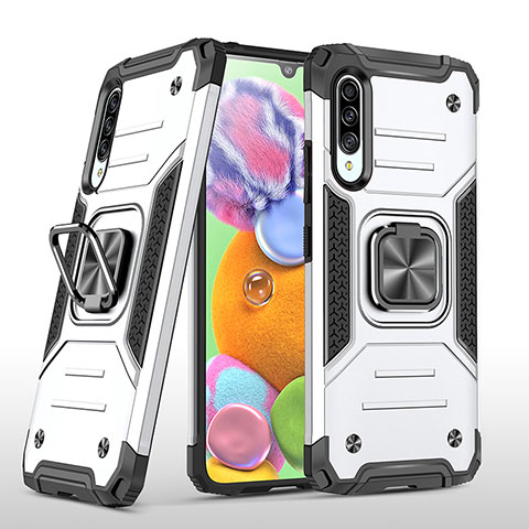 Funda Bumper Silicona y Plastico Mate Carcasa con Magnetico Anillo de dedo Soporte MQ1 para Samsung Galaxy A90 5G Plata