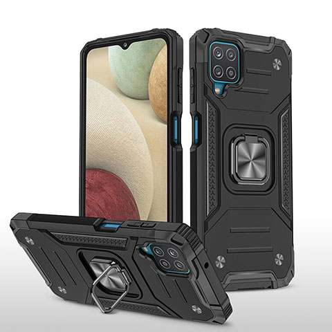 Funda Bumper Silicona y Plastico Mate Carcasa con Magnetico Anillo de dedo Soporte MQ1 para Samsung Galaxy M12 Negro