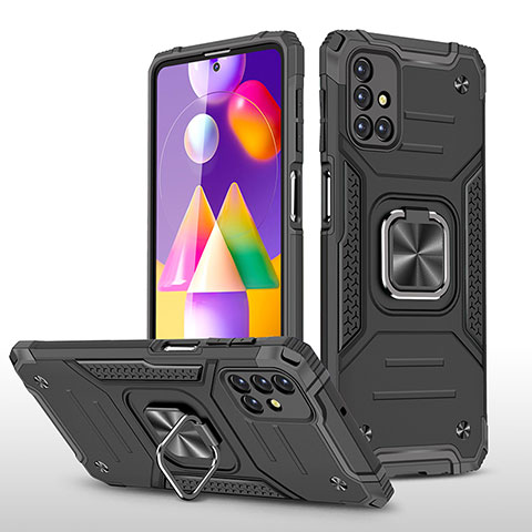 Funda Bumper Silicona y Plastico Mate Carcasa con Magnetico Anillo de dedo Soporte MQ1 para Samsung Galaxy M31s Negro