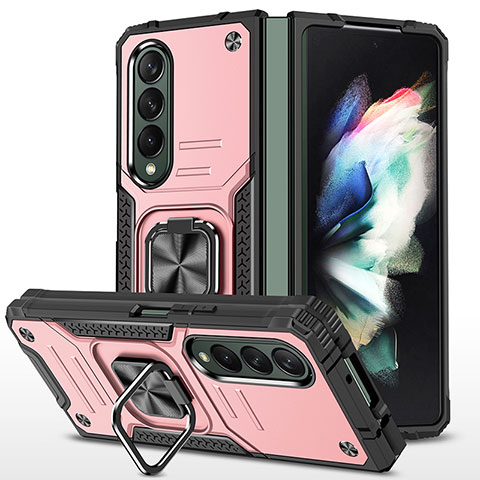 Funda Bumper Silicona y Plastico Mate Carcasa con Magnetico Anillo de dedo Soporte MQ1 para Samsung Galaxy Z Fold3 5G Oro Rosa