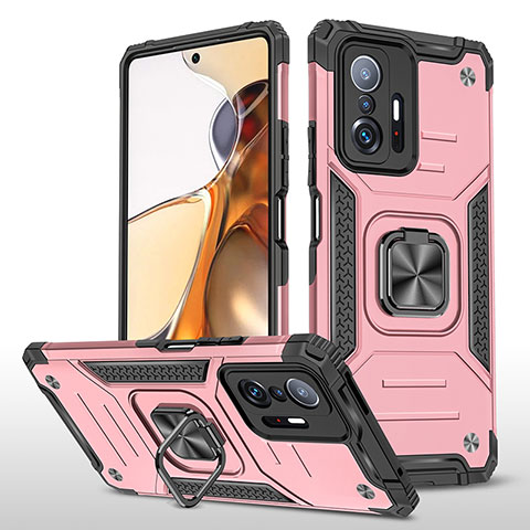 Funda Bumper Silicona y Plastico Mate Carcasa con Magnetico Anillo de dedo Soporte MQ1 para Xiaomi Mi 11T 5G Oro Rosa