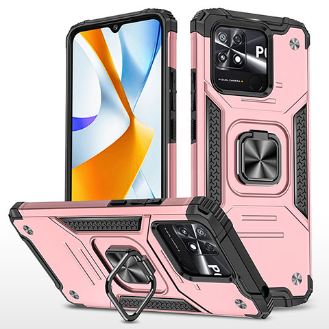 Funda Bumper Silicona y Plastico Mate Carcasa con Magnetico Anillo de dedo Soporte MQ1 para Xiaomi Poco C40 Oro Rosa