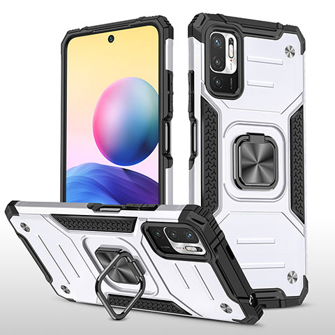 Funda Bumper Silicona y Plastico Mate Carcasa con Magnetico Anillo de dedo Soporte MQ1 para Xiaomi POCO M3 Pro 5G Plata