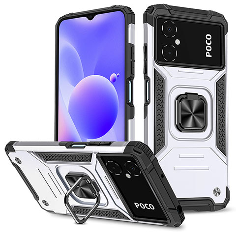 Funda Bumper Silicona y Plastico Mate Carcasa con Magnetico Anillo de dedo Soporte MQ1 para Xiaomi Poco M4 5G Plata