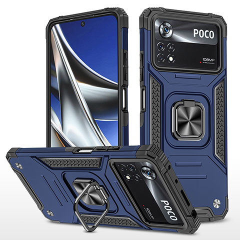 Funda Bumper Silicona y Plastico Mate Carcasa con Magnetico Anillo de dedo Soporte MQ1 para Xiaomi Poco X4 Pro 5G Azul