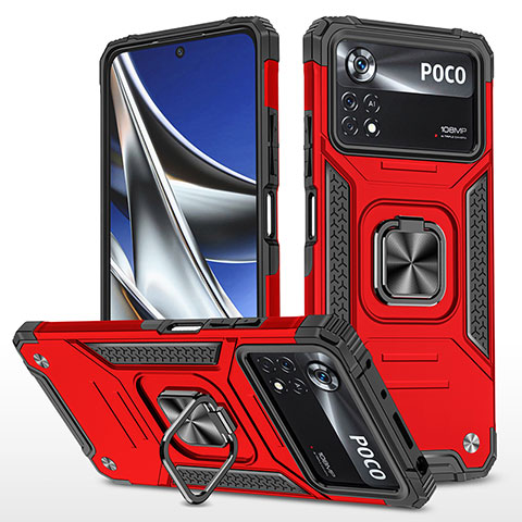 Funda Bumper Silicona y Plastico Mate Carcasa con Magnetico Anillo de dedo Soporte MQ1 para Xiaomi Poco X4 Pro 5G Rojo