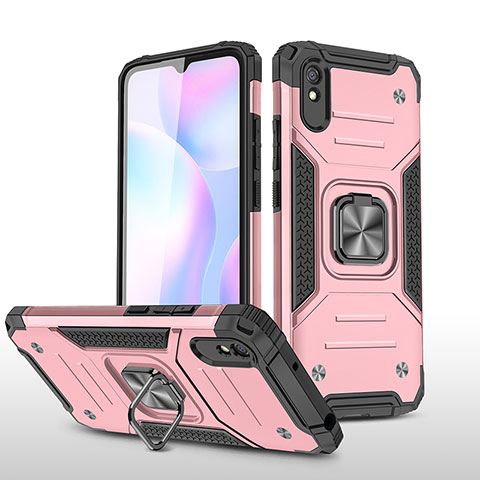 Funda Bumper Silicona y Plastico Mate Carcasa con Magnetico Anillo de dedo Soporte MQ1 para Xiaomi Redmi 9A Oro Rosa